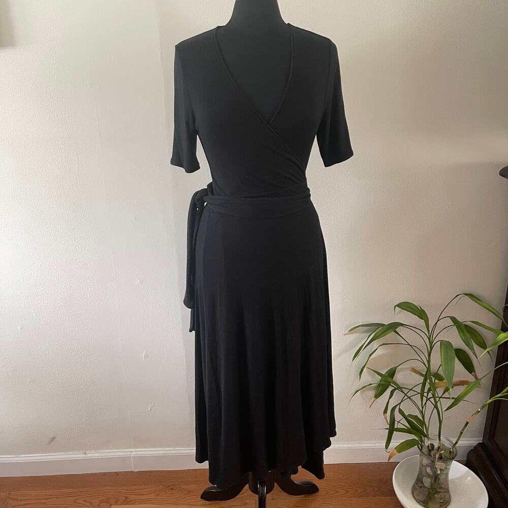J Crew Black Short Sleeve Knit Wrap Midi Dress Adjustable Womens Medium M H7801